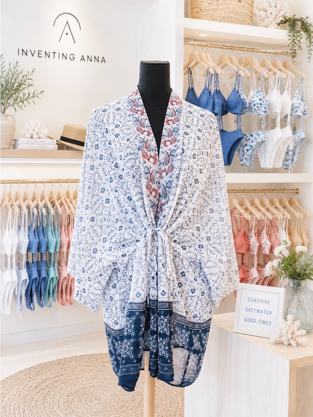 CHRISTOPHER & BANKS White Kimono/Cover-Up Cardigan w/Navy & Red Paisley Print